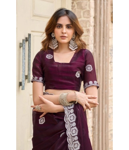 Generic Women's Faux Shimmer Geometric Ready to wear Saree With Unstitched Blouse 5.5Mtr (Wine)
