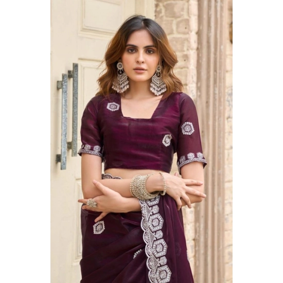 Generic Women's Faux Shimmer Geometric Ready to wear Saree With Unstitched Blouse 5.5Mtr (Wine) Generic Women's Faux Shimmer Geometric Ready to wear Saree With Unstitched Blouse 5.5Mtr (Wine)