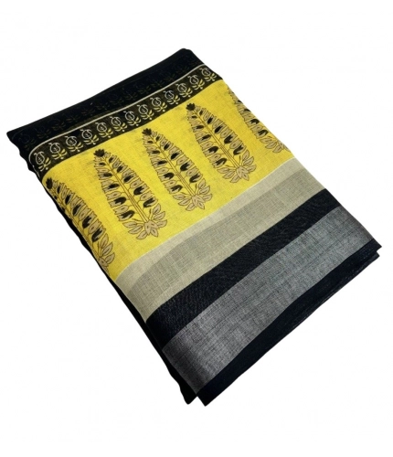 Generic Women's Cotton Linen Printed Saree With Unstitched Blouse 5.5Mtr (Black)