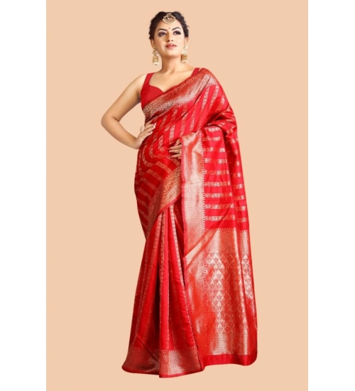 Generic Women's Soft Lichi Silk Printed Saree With Unstitched Blouse 5.5Mtr (Red)