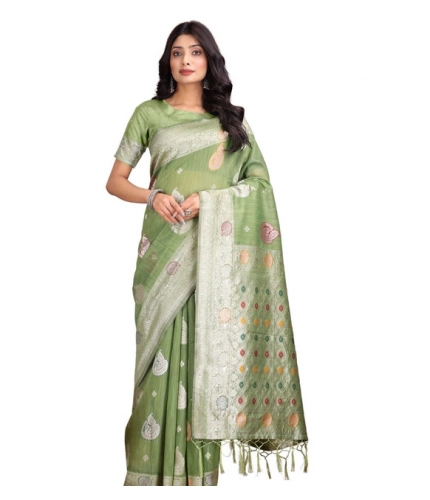 Generic Women's Linen Cotton Printed Saree With Unstitched Blouse 5.5Mtr (Light Green)