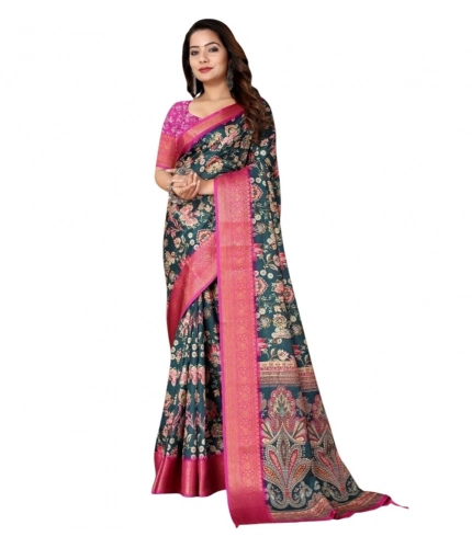 Generic Women's Cotton Silk Floral Printed Saree With Unstitched Blouse 5.5Mtr (Green-Pink)