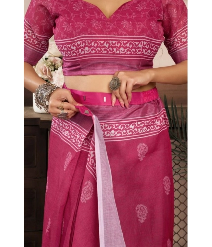 Generic Women's Faux Linen Floral Print Ready to wear Saree With Unstitched Blouse 5.5Mtr (Pink)