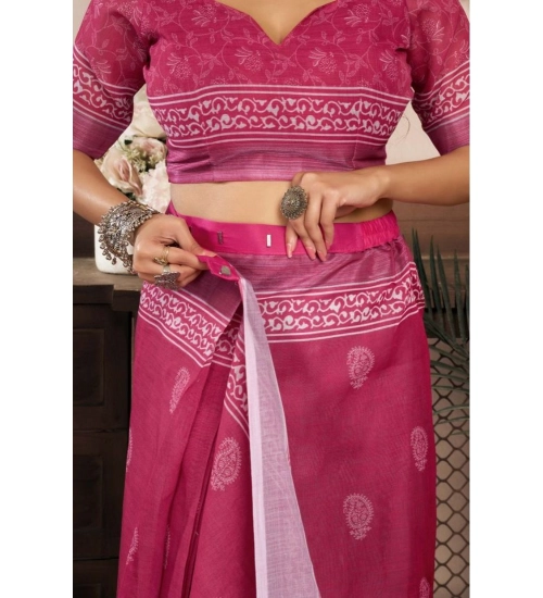 Generic Women's Faux Linen Floral Print Ready to wear Saree With Unstitched Blouse 5.5Mtr (Pink)