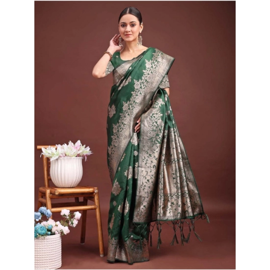Generic Women's Banarasi Silk Printed Saree With Unstitched Blouse 5.5Mtr (Dark Green)