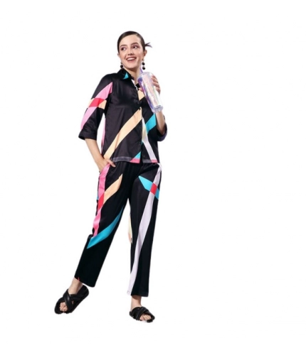 Generic Women's Satin Colour Block Long Sleeves Co-Ord Set (Multicolor)
