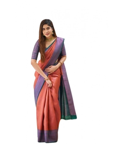 Generic Women's Soft Lichi Silk Printed Saree With Unstitched Blouse 5.5Mtr (Orange)