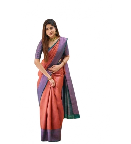 Generic Women's Soft Lichi Silk Printed Saree With Unstitched Blouse 5.5Mtr (Orange)