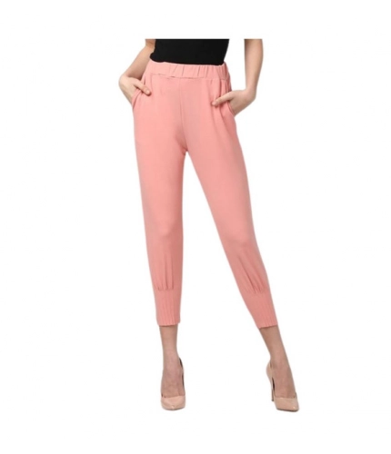 Generic Women's Polyester Solid Elasticated Trousers (Pink)
