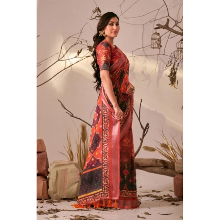 Generic Women's Faux_Linen Printed Saree With Unstitched Blouse 5.5Mtr (Red) Generic Women's Faux_Linen Printed Saree With Unstitched Blouse 5.5Mtr (Red)