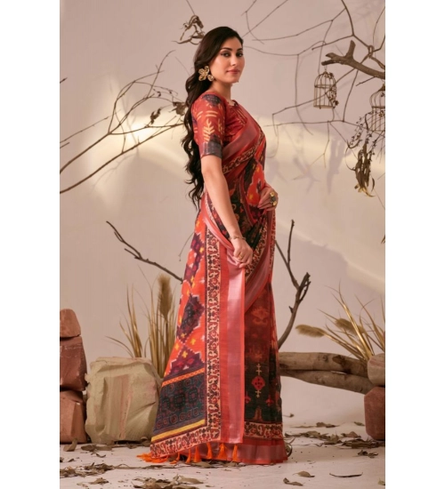 Generic Women's Faux_Linen Printed Saree With Unstitched Blouse 5.5Mtr (Red)