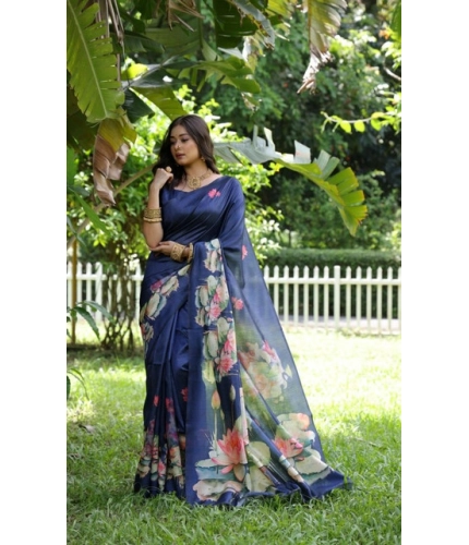 Generic Women's Faux_Tussar Floral Saree With Unstitched Blouse 5.5Mtr (Navy_Blue)