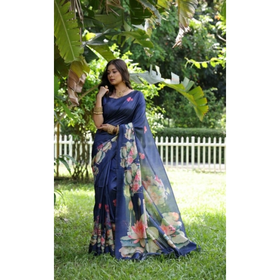 Generic Women's Faux_Tussar Floral Saree With Unstitched Blouse 5.5Mtr (Navy_Blue) Generic Women's Faux_Tussar Floral Saree With Unstitched Blouse 5.5Mtr (Navy_Blue)