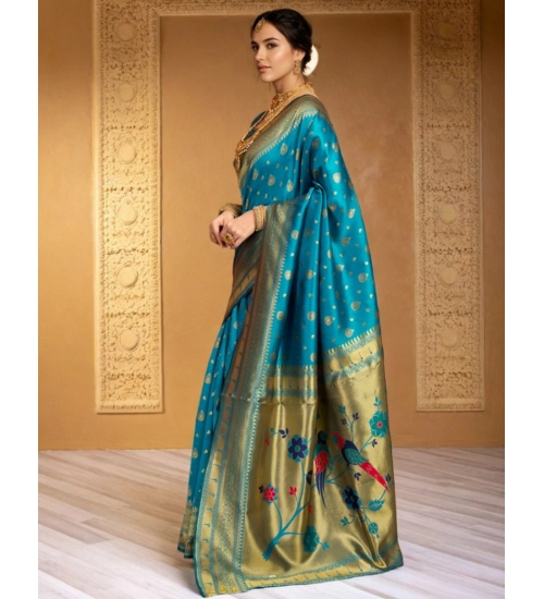 Generic Women's Silk Blend Zari Weaving Saree With Unstitched Blouse 5.5Mtr (Turquoise)