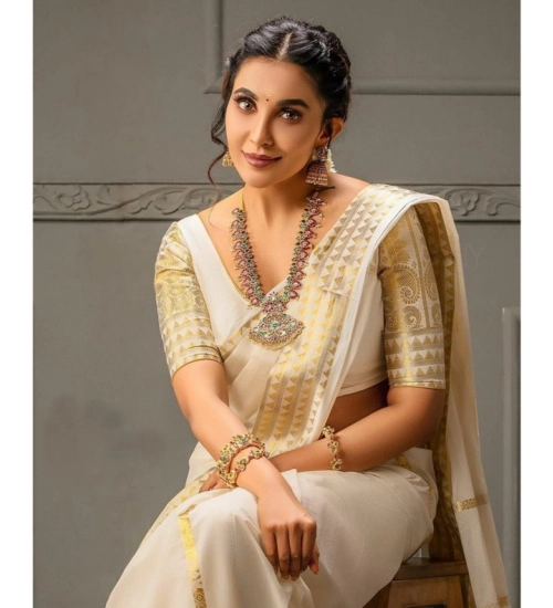 Generic Women's Soft Litchi Silk Jacquard Work Saree With Unstitched Blouse 5.5Mtr (White)