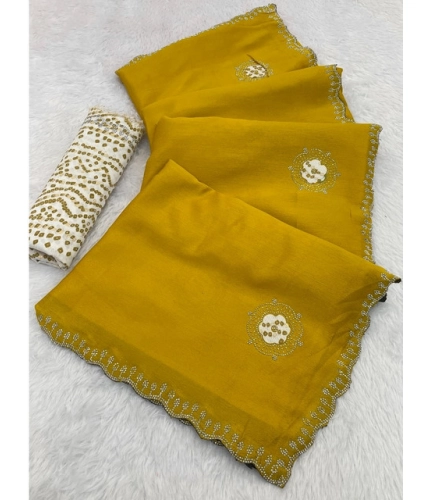 Generic Women's Chiffon Butti Dotted Saree With Unstitched Blouse 5.5Mtr (Yellow)