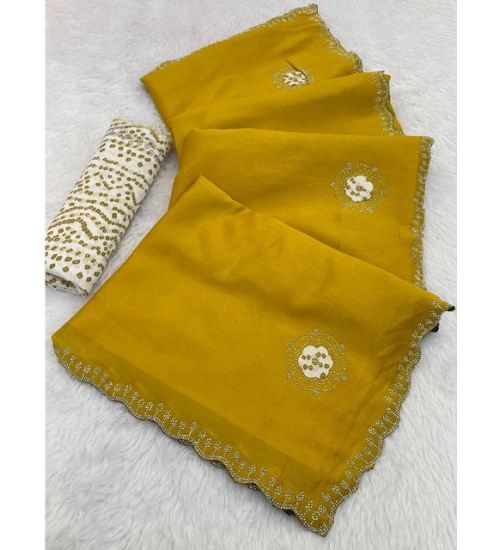 Generic Women's Chiffon Butti Dotted Saree With Unstitched Blouse 5.5Mtr (Yellow)