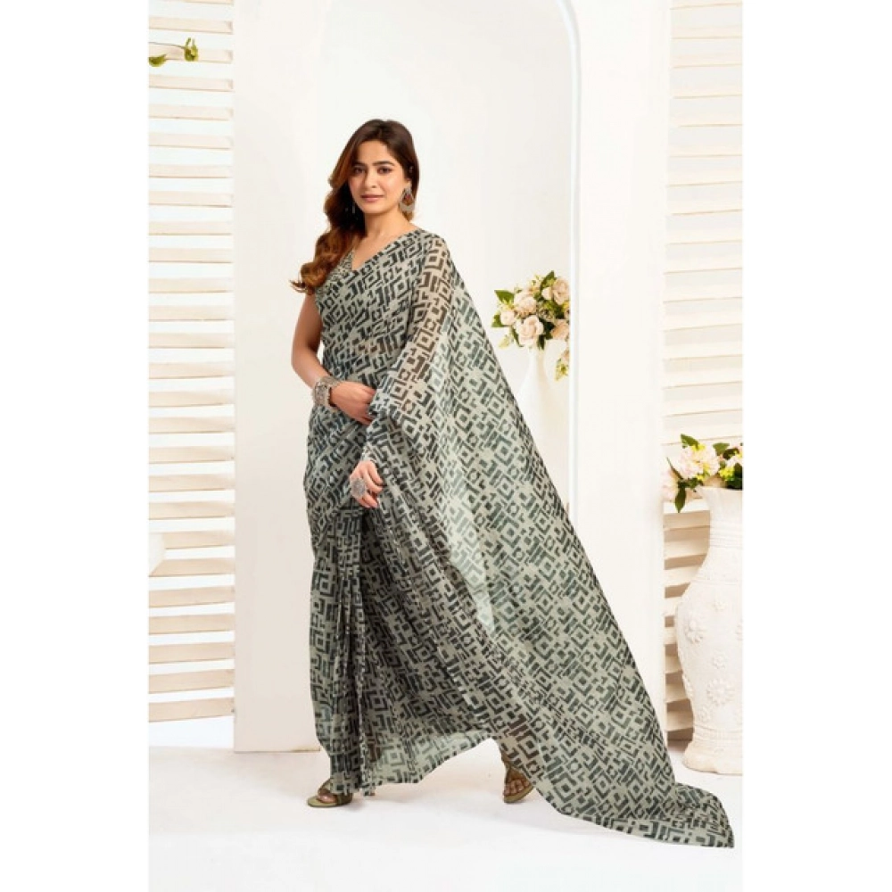 Generic Women's Linen Cotton Printed Ready To Wear With Pocket Saree With Unstitched Blouse 5.5 Mtr (Grey)
