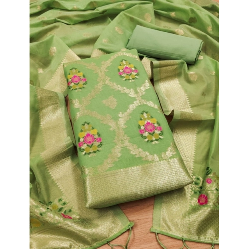 Women's Banarasi Silk Printed Unstitched Salwar Suit Material With Dupatta (Pista, 3Mtrs)
