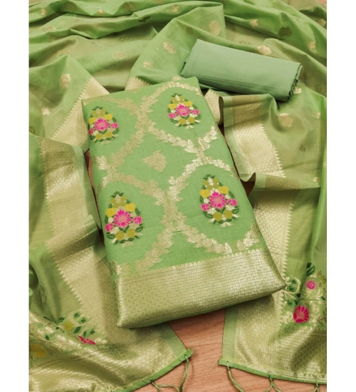 Generic Women's Banarasi Silk Printed Unstitched Salwar Suit Material With Dupatta (Pista, 3Mtrs)