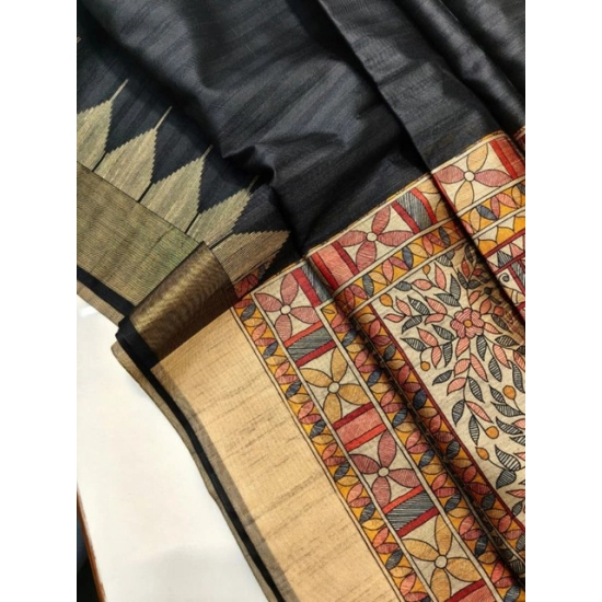 Generic Women's Tussar Silk Madhubani Saree With Unstitched Blouse 5.5Mtr (Black)