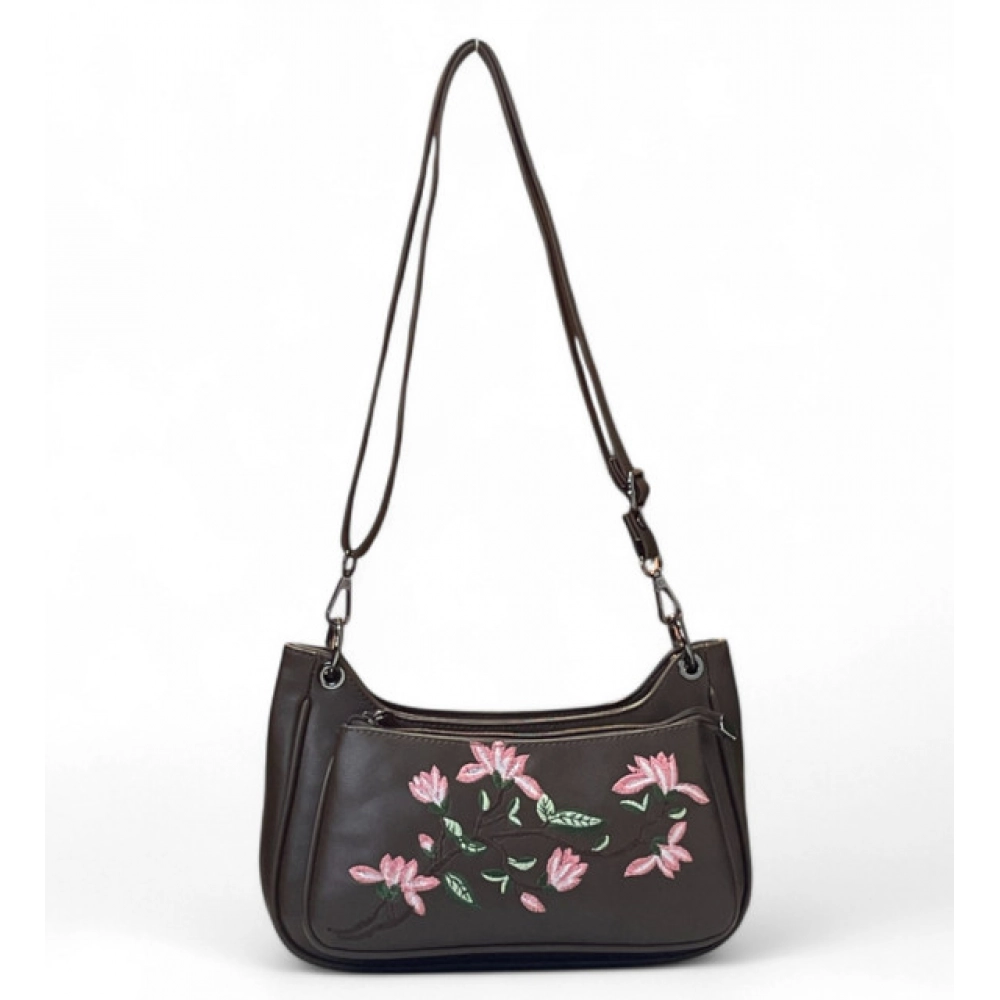 Generic Women's Polyurethane Floral Embroidered Crossbody Sling Bag with Adjustable & Removable Strap (Dark Brown)