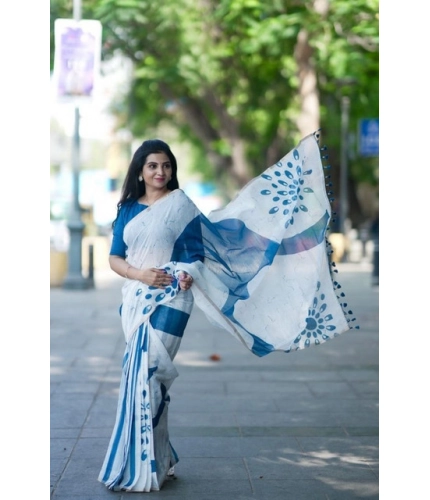 Generic Women's Linen Printed Saree With Unstitched Blouse 5.5Mtr (White)