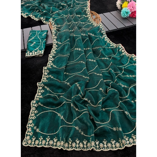 Generic Women's Slik Embellished Saree With Unstitched Blouse 5.5Mtr (Teal)