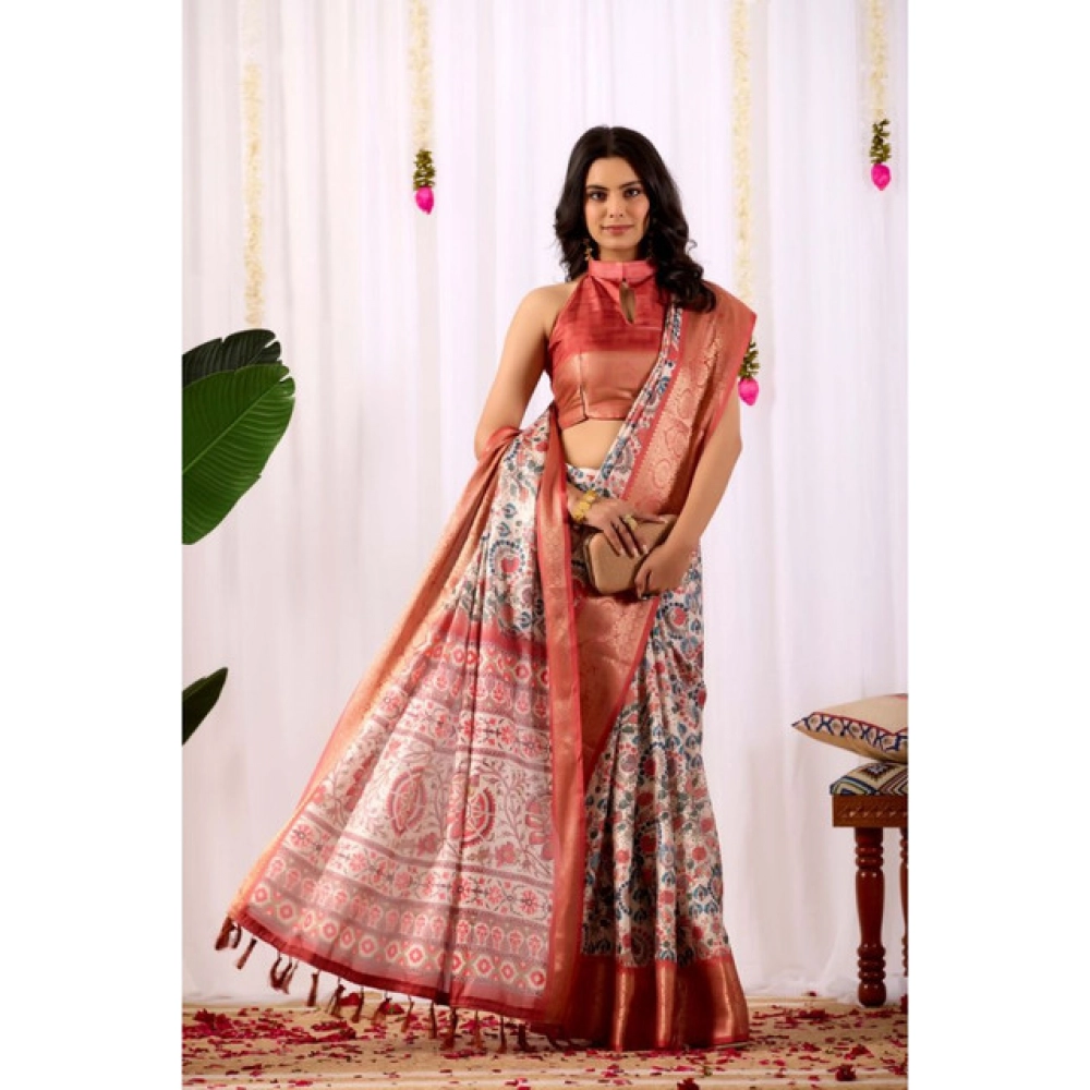 Generic Women's Faux_Silk Printed Saree With Unstitched Blouse 5.5Mtr (Off_White)