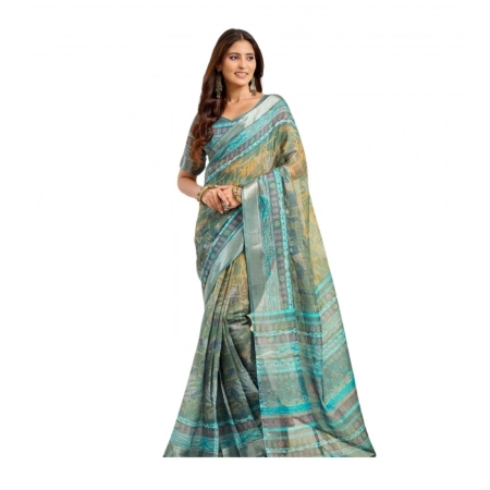 Generic Women's Linen Cotton Printed Ready To Wear Saree With Unstitched Blouse 5.5 Mtr (Light_Green)