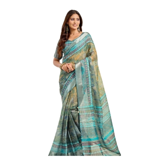 Generic Women's Linen Cotton Printed Ready To Wear Saree With Unstitched Blouse 5.5 Mtr (Light_Green)