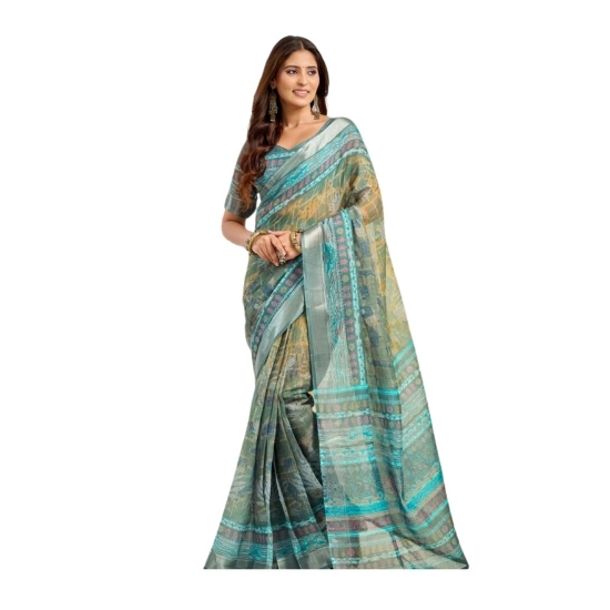 Generic Women's Linen Cotton Printed Ready To Wear Saree With Unstitched Blouse 5.5 Mtr (Light_Green)