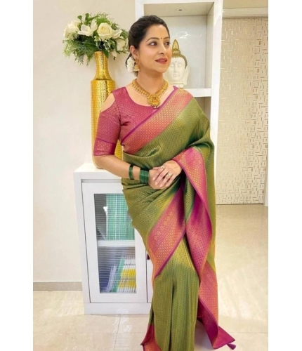 Generic Women's Soft Lichi Silk Printed Saree With Unstitched Blouse 5.5Mtr (Mehndi-Green)