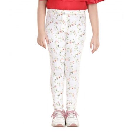 Generic Girl's Cotton Lycra Floral Elasticated Jeggings (White-Green) Generic Girl's Cotton Lycra Floral Elasticated Jeggings (White-Green)