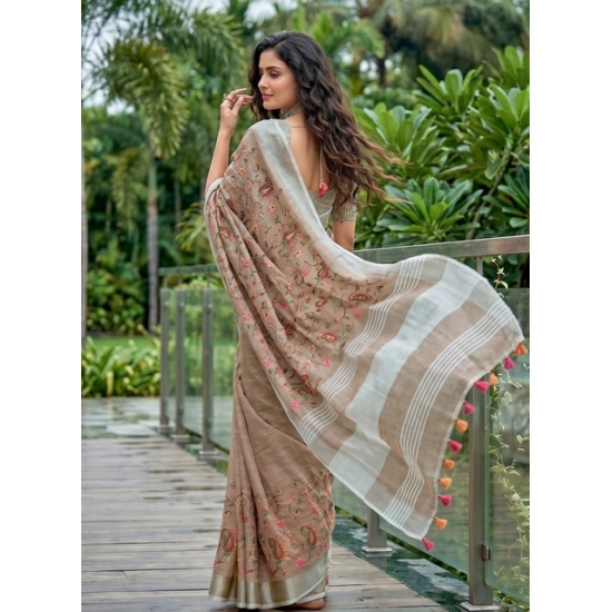 Generic Women's Linen Floral Embroidered Saree With Unstitched Blouse 5.5Mtr (Brown) Generic Women's Linen Floral Embroidered Saree With Unstitched Blouse 5.5Mtr (Brown)