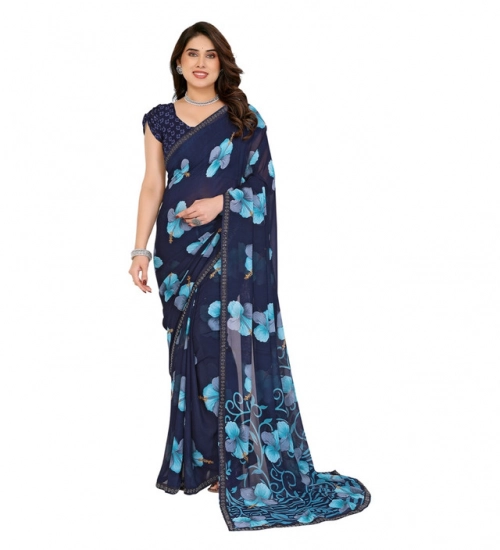 Generic Women's Georgette Printed Saree With Unstitched Blouse 5.5Mtr (Navy Blue)