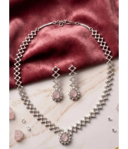 Generic Women's Brass Silver Plated Necklace set (Pink)