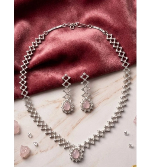 Generic Women's Brass Silver Plated Necklace set (Pink)