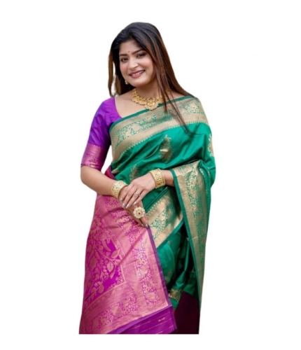 Generic Women's Katan_Silk Zari_Weaving Saree With Unstitched Blouse 5.5Mtr (Dark_Green)