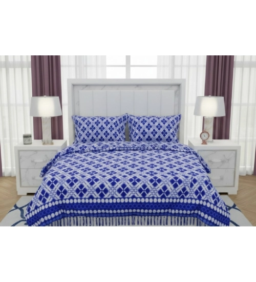 Generic Fleece Geometric Double Polar Warm Bedsheet with 2 Pillow Cover (Blue)