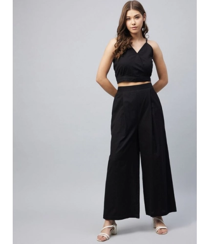 Generic Women's Cotton Linen Solid Sleeveless Crop Top and Palazzo Set (Black)