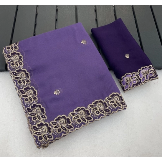 Generic Women's Star Georgette Embroidered Saree With Unstitched Blouse 5.5Mtr (Purple)