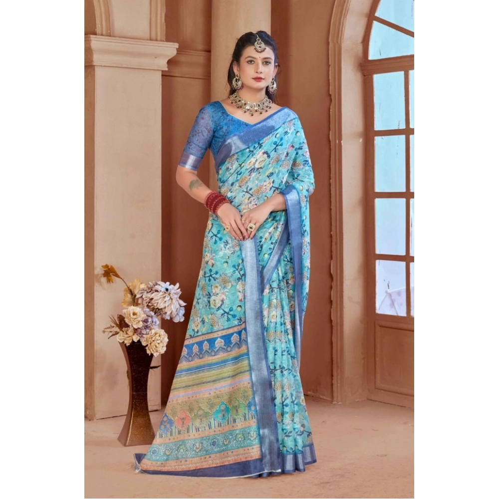 Generic Women's Printed Cotton Linen Saree withPrinted Saree With Unstitched Blouse (Light Blue, 5-6Mtrs) Generic Women's Printed Cotton Linen Saree withPrinted Saree With Unstitched Blouse (Light Blue, 5-6Mtrs)