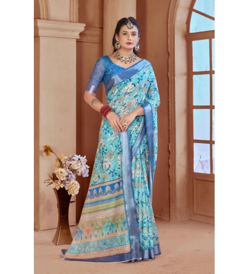 Generic Women's Printed Cotton Linen Saree withPrinted  Saree With Unstitched Blouse (Light Blue, 5-6Mtrs)