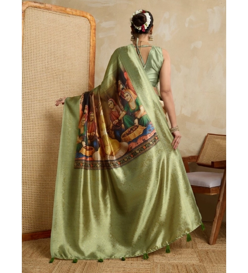 Generic Women's Silk Printed Saree With Unstitched Blouse 5.5Mtr (Mehendi)