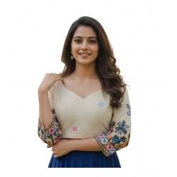 Generic Women's Cambric Cotton Round Neck Padded Blouse (White, 38 Ready Size (Self-Alterable 36–40)