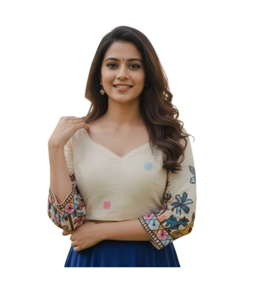 Generic Women's Cambric Cotton Round Neck Padded Blouse (White, 38 Ready Size (Self-Alterable 36–40)