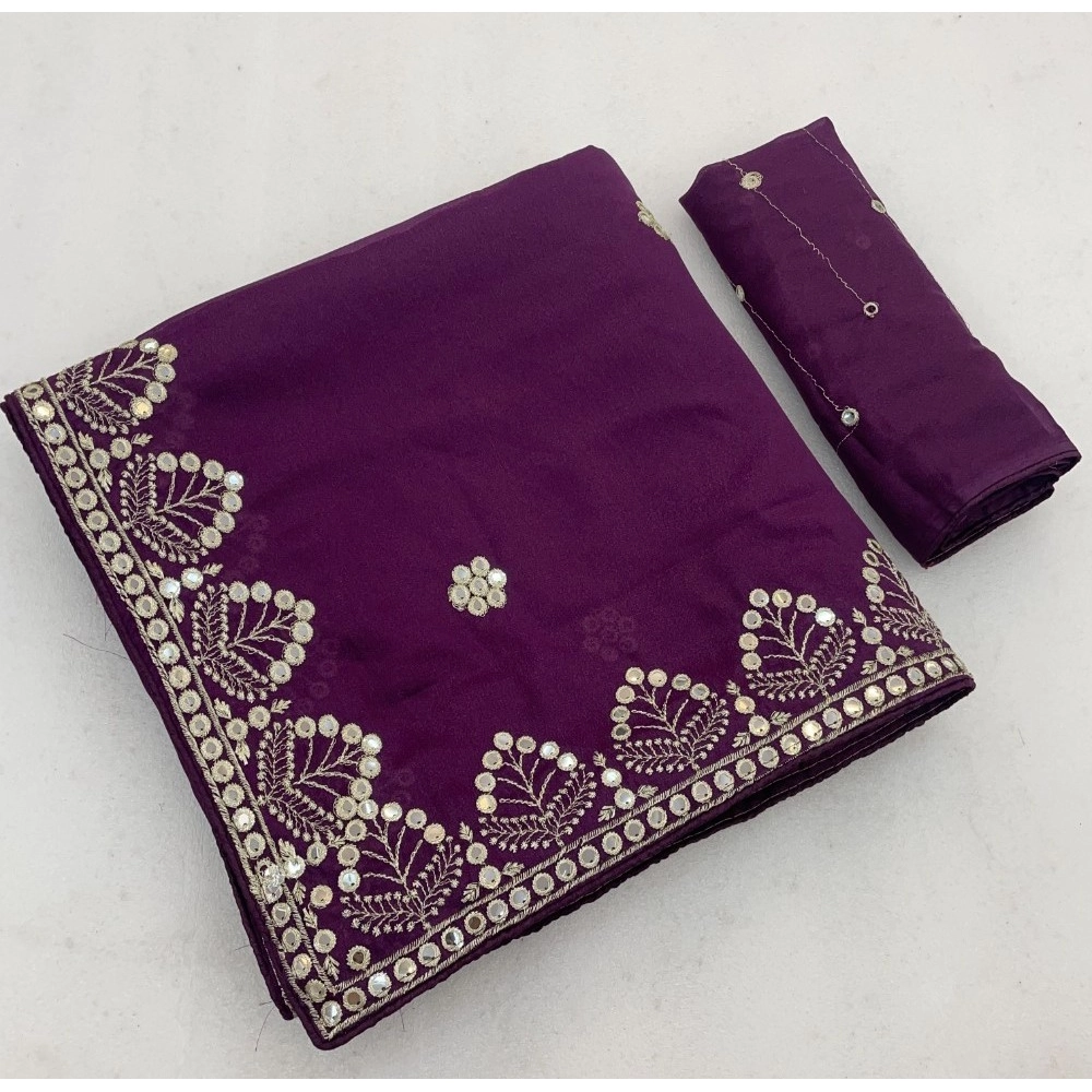 Generic Women's Georgette Embellished Saree With Unstitched Blouse 5.5Mtr (Purple)
