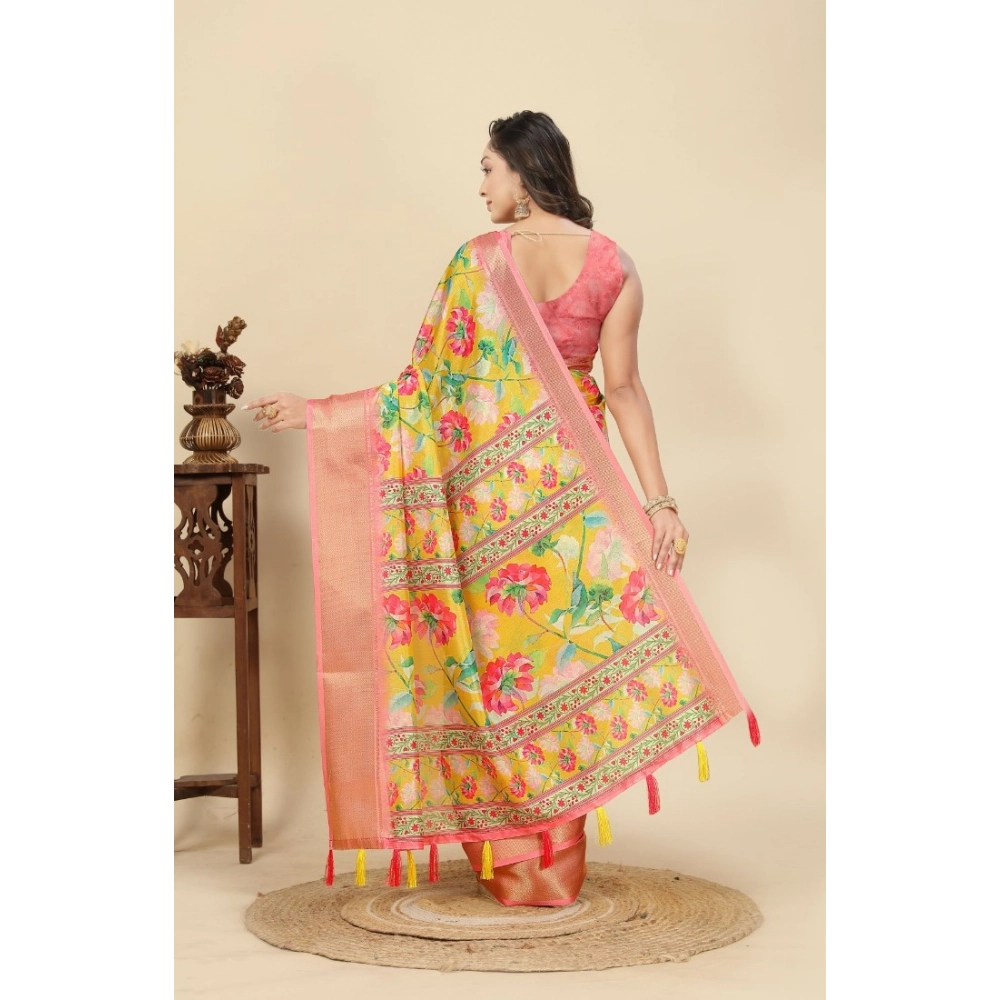 Generic Women's Cotton Silk Floral Printed Saree With Unstitched Blouse 5.5Mtr (Yellow)