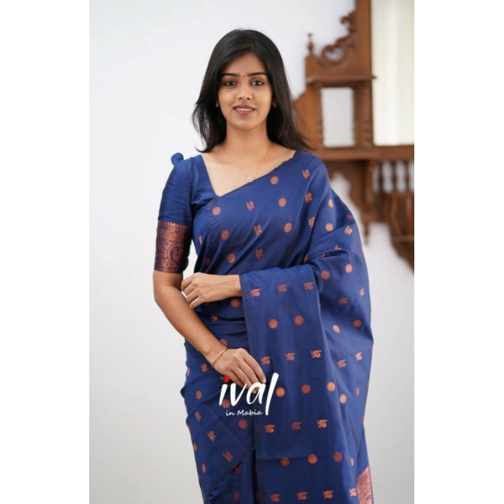 Generic Women's Soft Lichi Silk Printed Saree With Unstitched Blouse 5.5Mtr (Blue)